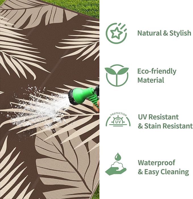 GENIMO Outdoor Rug, Waterproof Plastic Rugs 9'x18' for Camping Coffee Beige | Outside Larger Leaf Carpet Mat for Patio Decor, RV, Porch, Camper, Deck, Picnic, Beach, Backyard, Reversible, Foldable