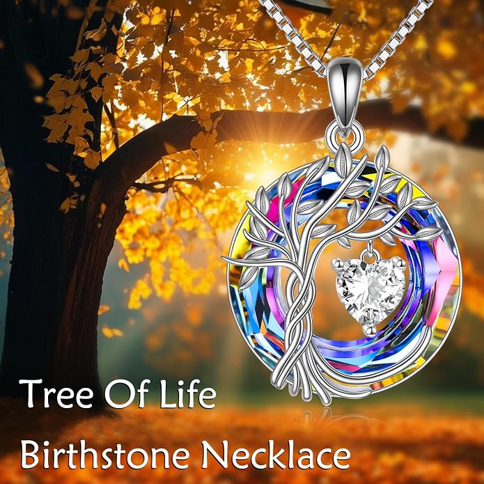 POPLYKE Mothers Day Gifts for Mom Her Wife Tree of Life Necklace 925 Sterling Silver Birthstone Pendant with Crystal Anniversary Birthday Wedding Jewelry for Women