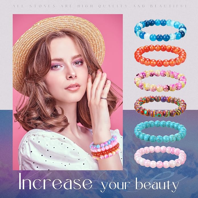Landical 24 Pcs Gemstones Beaded Bracelets Bulk for Women Men 8mm Stretch Round Semi Precious Stone Bracelets Set