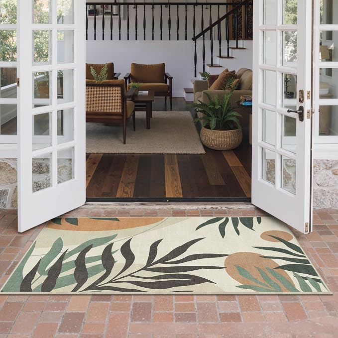 GENIMO 3x5 Outdoor Rug, Washable for Porch and Balcony, Beige Olive | Botanical leaf design for entryway; fade resistant chenille with quick-dry non-slip backing for indoor mudroom.
