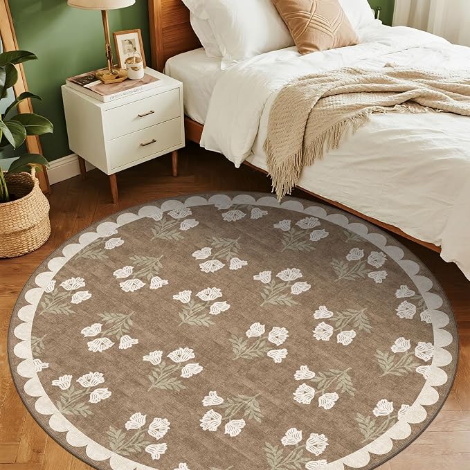 Tan Entryway Round Rug 4ft - Washable Boho Floral Neutral Farmhouse Scalloped Round Area Rug for Bedroom Non Slip Stain Resistant Circle Rugs for Living Room Kitchen Entryway Bathroom Nursery