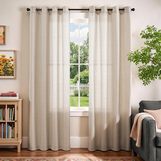Vangao Linen Striped Curtains for Living Room Bedroom Farmhouse Tickingstripe Light Filtering Window Curtains Printed Drapes Grommet Top 2 Panels Taupe Grey W50 x L84 Inch