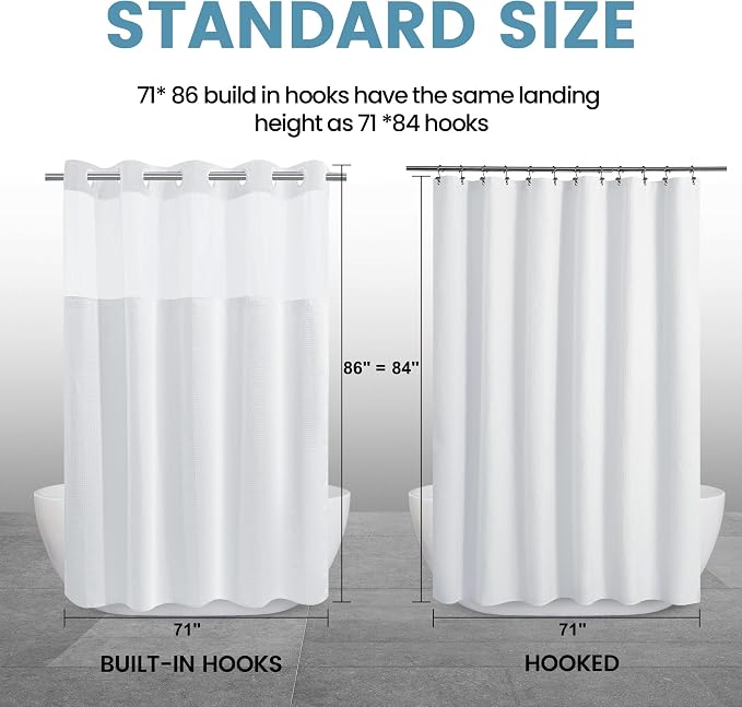 EUTXL Heavyweight Long No Hook Shower Curtain with Snap in Liner,256GSM Waffle Weave Shower Curtains for Bathroom,71W x 86H,White