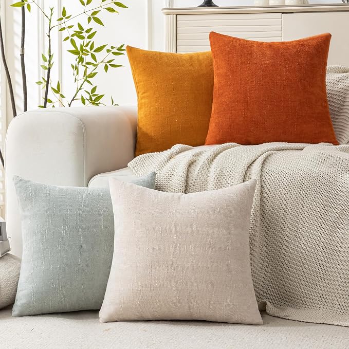 Set of 4 Soft Textured Decorative Throw Pillow Covers 22x22 Inch Cozy Farmhouse Cushion Cover Square Accent Pillow Cases for Bed Couch Sofa Living Room, Beige Aqua Burnt Orange