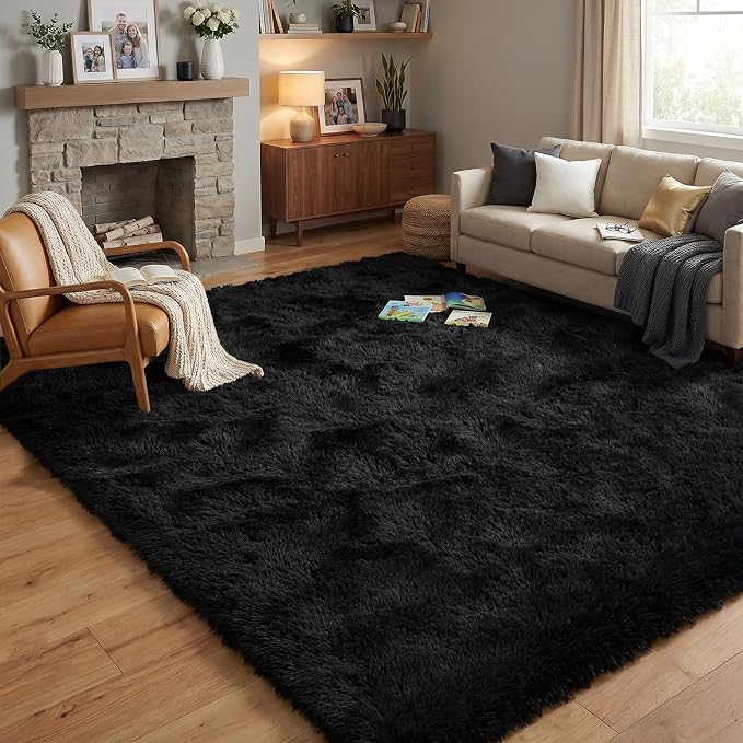 Fluffy Rugs for Living Room: Black Soft Shag Rug for Bedroom, Large Fuzzy Plush Indoor Carpet Non Slip Modern Rug for Nursery Kids Room Dorms Office Home Decor, 7x10 Feet