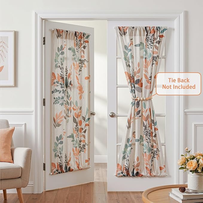 MYSKY HOME Floral Linen French Door Curtains 72 inch Long 2 Panels for Front Door Light Filtering Privacy Semi Sheer Window Curtains with Rod Pocket, Burnt Orange, 24" W Each Panel