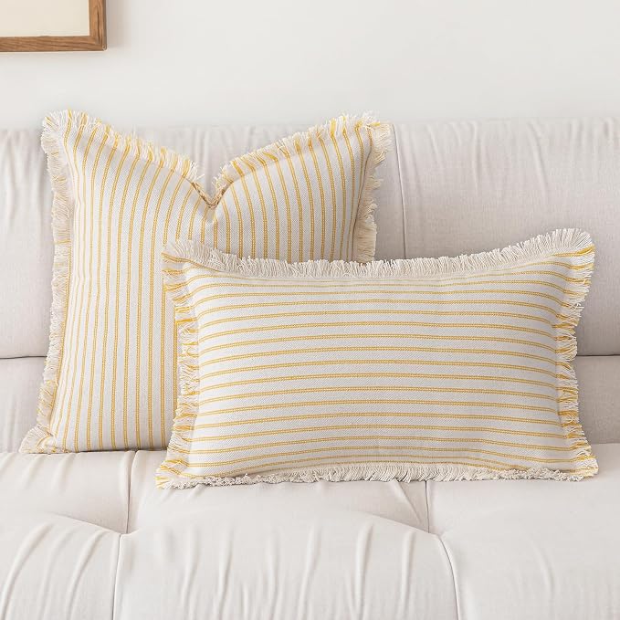 YEENAASY Throw Pillow Covers 16x16 Set of 2 Striped Fringe Pillow Cover Farmhouse Cushion Covers with Tassel Neutral Boho Pillows Decorative Square Pillowcase for Couch Sofa Bed, Yellow
