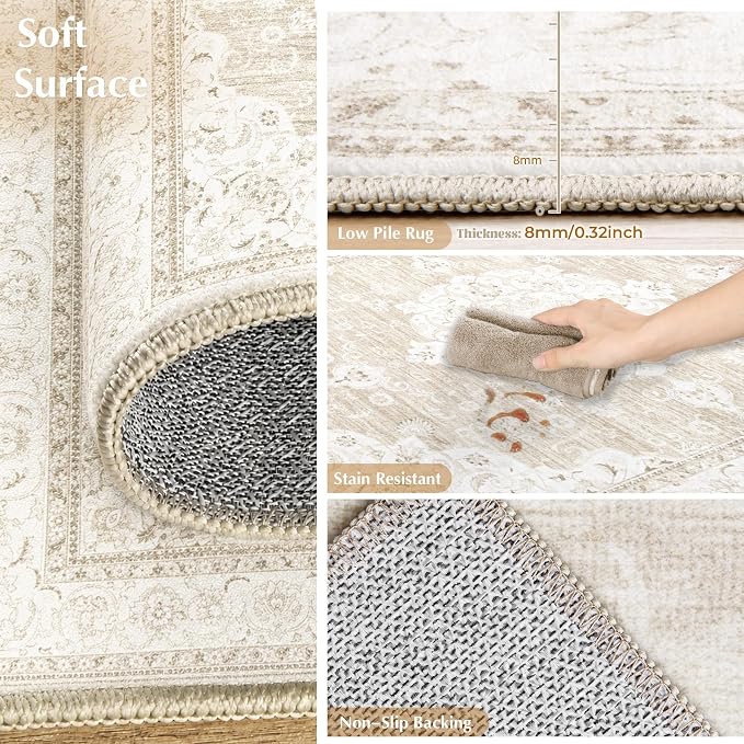 Vintage Living Room Area Rug - 8x10 Large Machine Washable Boho Moroccan Rug Distressed Farmhouse Rugs for Bedroom - Soft Non-Slip Indoor Carpet for Dining Room Office Nursery(Boho Beige, 8'x10')