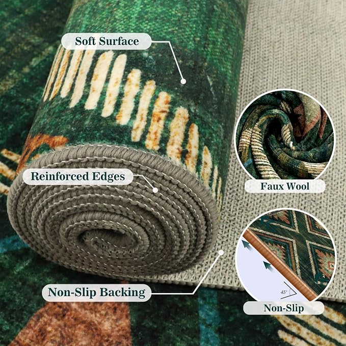 4x6Ft Boho Area Rugs Non Slip, Green Washable Rug for Living Room, Soft Bedroom Carpet, Low Pile Moroccan Entryway Area Floor Carpets for Dining Room Kids Nursery Farmhouse