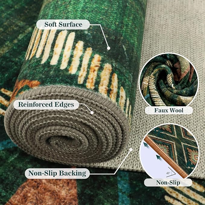 3x12Ft Boho Runner Rugs for Hallway Non Slip, Long Wide Green Geometric Washable Kitchen Rug Runner, Soft Moroccan Entryway Floor Carpets for Entrance Doorway Office Decor