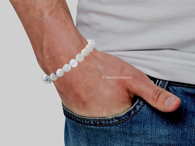 Amazing Gemstone Rainbow Moonstone Bracelet for Women Men's Gifts - Rainbow Moonstone Protection Healing Crystal Bracelet - 8mm Beaded Adjustable Pulseras para Hombres Mujer Stocking Stuffers