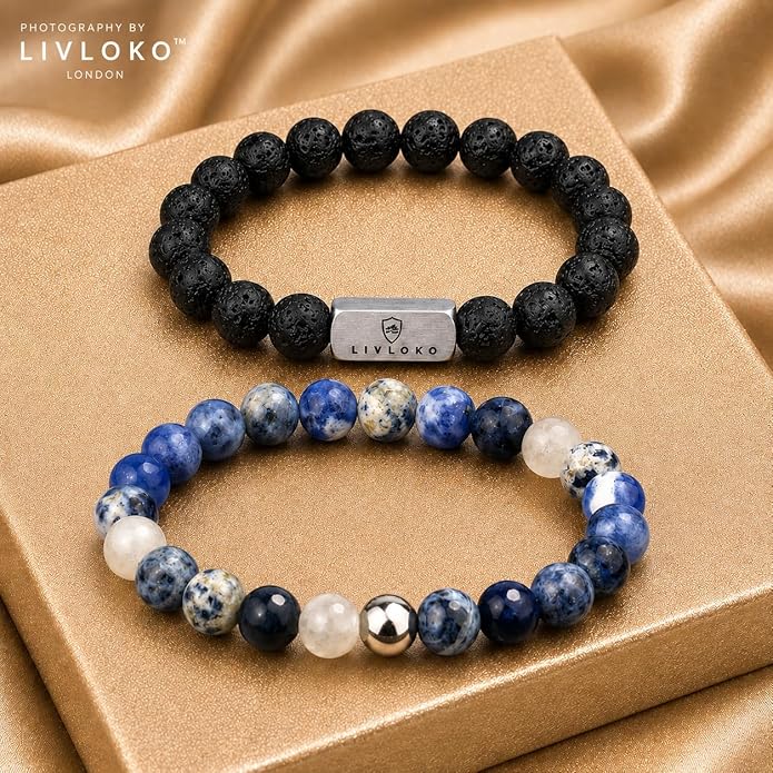 LONDON Mens Bracelet Leather Black Multi-Layer Stone Beads Adjustable Steel Clasp Viking Rope Bands Surfer Man Wristband Male UK Jewellery Gift box Boyfriend Dad Son Brother Tiger Eye