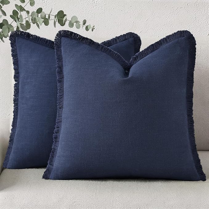 decorUhome Linen Fringe Navy Blue Throw Pillow Covers 20x20 Set of 2 | Decorative Soft Accent Modern Boho Farmhouse Cushion Covers with Tassels Cotton Pillow Covers for Couch Bed Sofa