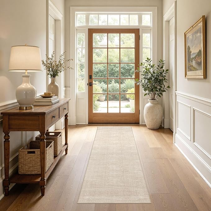 Nakagishi Washable Runner Rug 2x6: Vintage Neutral Non-Slip Entryway Rug for Hallway & Kitchen, Soft Low Pile Floor Carpet for Bedroom - Beige
