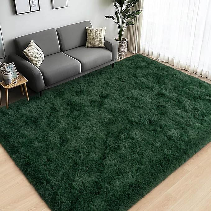 Large Area Rugs for Living Room Bedroom 9x12 Dark Green Shag Rugs | Ultra Soft Fluffy Shaggy Plush Fuzzy Modern Indoor Throw Floor Carpet for Kids Girls Boys Dorm Nursery Home Decor Aesthetic