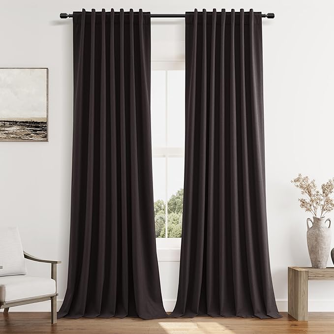Guken 100% Blackout Curtains 90 Inch Length 2 Panels Set for Living Room Bedroom Back Tab Thermal Insulated Black Out Linen Drapes Room Darkening Cocoa Coffee,52x90