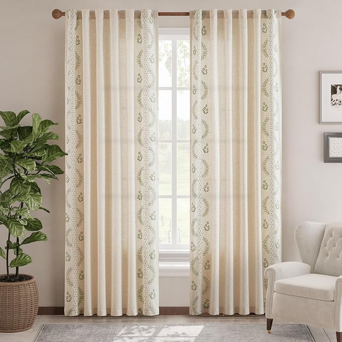 jinchan Floral Linen Curtains 84 Inch Back Tab 2 Panels Sage Green | Embroidered curtains,boho curtains,living room,bedroom,light filtering,privacy,flower patterned drapes,window treatment