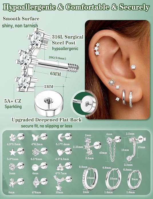 Hypoallergenic Flat Back Earrings 14K Gold Plated Cartilage Earring Stacks for Sensitive Ears Surgical Steel Small Huggie Hoops Flatback Stud Earrings Set for Multiple Piercing Jewelry Gift for Women