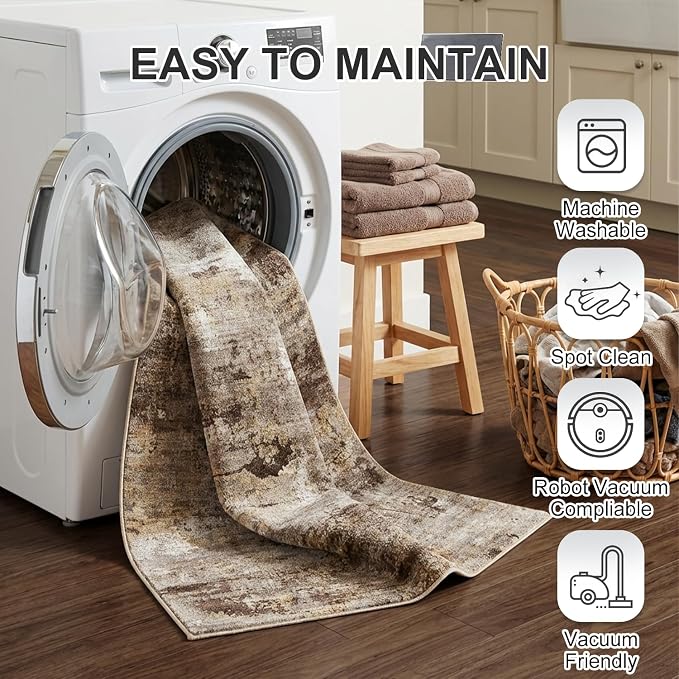 Modern Abstract Area Rug Distressed Faux Wool Stain-Resistant Carpet for Kitchen Bedsides Laundry Room 0.26 Inch Low Pile Non Slip Floor Mat, Brown, 3'x5'