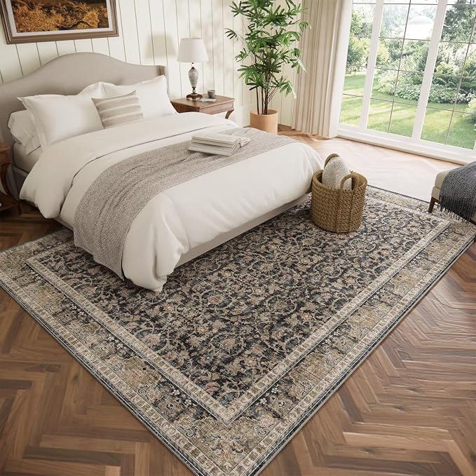 Boho Washable 5x7 Area Rugs for Living Room, Cushioned, Black/Navy Blue | Vintage Non-slip Neutral Oriental Rugs for Bedroom Dining Room Nursery Office High Traffic Area
