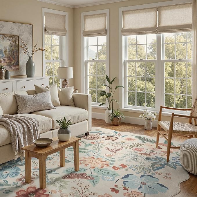 DCX Beige Floral Rug 5x7, Washable Beige Rug for Living Room, Kid & Pet Friendly with Rubber Back Non Slip, Soft Low Pile Carpet, Stain Resistant Rug for Bedroom, Nursery, Dining Room