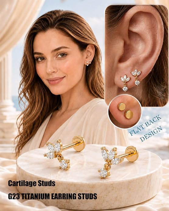 YACHY G23 Titanium Flat Back Stud Earrings, Internally Threaded Screw-On Hypoallergenic Body Piercing Jewelry for Everyday Wear, Tragus Helix Conch Monroe Medusa Lip, 18G 6mm 8mm