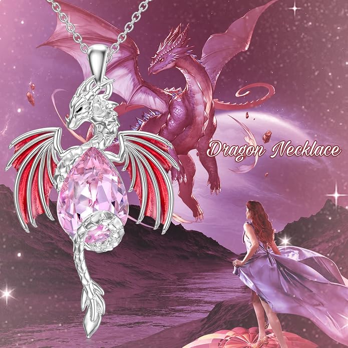 Dragon Necklace for Men Sterling Silver Birthstone Wyvern Necklace Embllished with Teardrop Shaped Crystal Jewelry for Women
