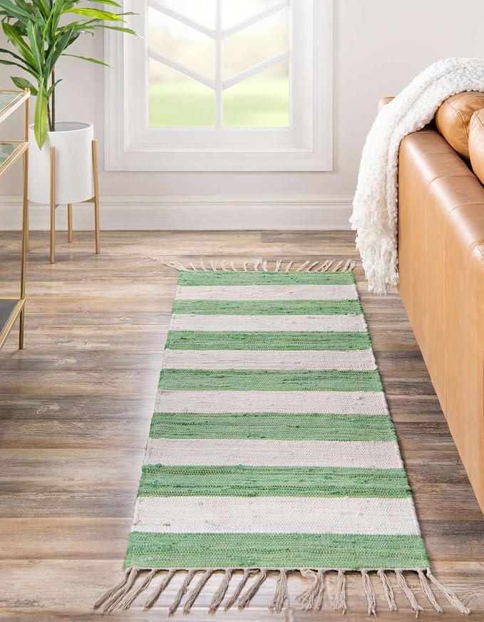 Unique Loom Chindi Rag Collection Area Rug - Striped (2' 2" x 10' Runner, Green and Ivory)