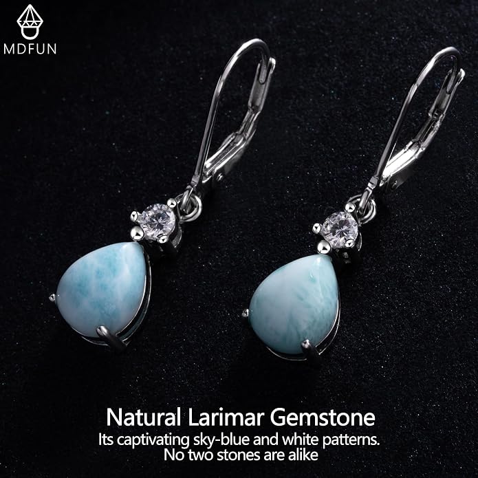 MDFUN 925 Sterling Silver Natural Larimar Earrings for Women Hypoallergenic Dangle Drop Blue Gemstone Leverback Jewelry