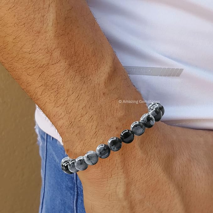 Amazing Gemstone Snowflake Obsidian Bracelet for Women Men's Gifts - Protection Healing Crystal Bracelet - 8mm Gemstone Beaded Adjustable Bracelet