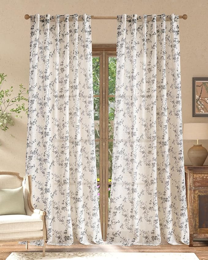 jinchan Black Floral Linen Curtains 96 Inch Farmhouse Back Tab 2 Panels | Flower patterned drapes, french country, printed, privacy, light filtering, bedroom, living room, dining room, home decor