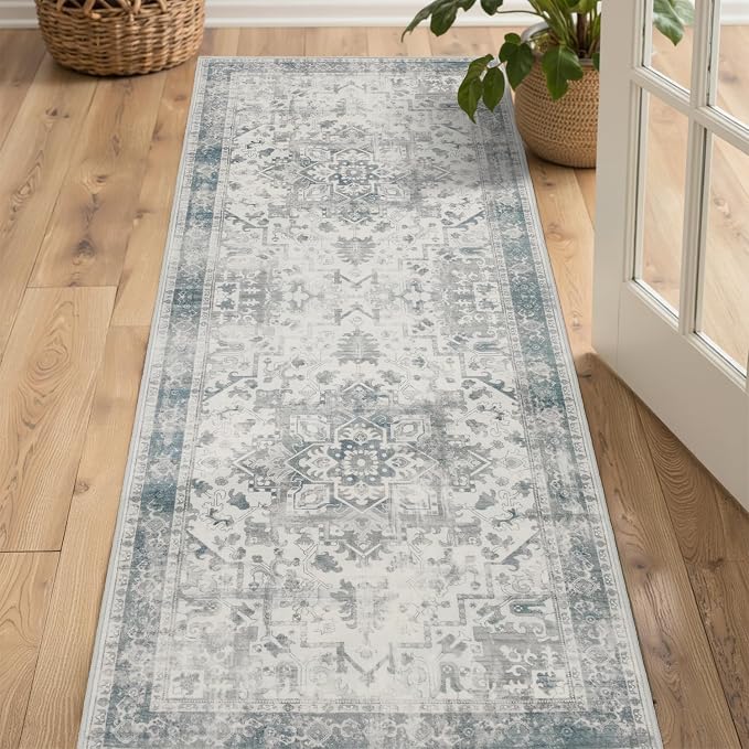 Rugxara 2x5 Hallway Runner Rug, Non Slip Boho Runner Rugs for Hallway, Kitchen, Entrance, Bathroom, Laundry Room, Soft Ultra-Thin Entryway Carpet, Throw Low Pile Retro Imitation Wool Carpet, Blue Grey