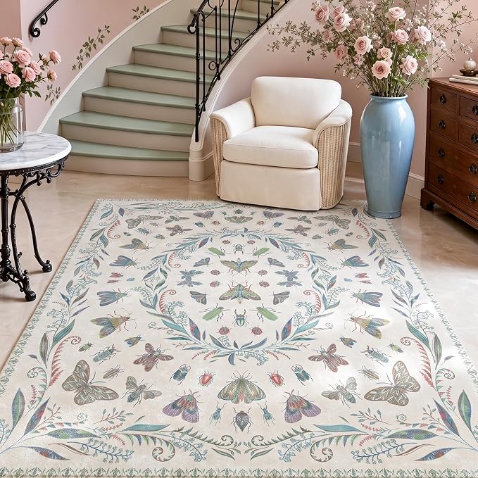 Light Green and Pink Rug 4x6 Rugs for Bedroom Under Bed - Insect Print Multi Color Decor, Low Pile Non Slip Stain Resistant Throw Rug for Nursery Room Boys, Kitchen, Floor Carpet Aesthetic