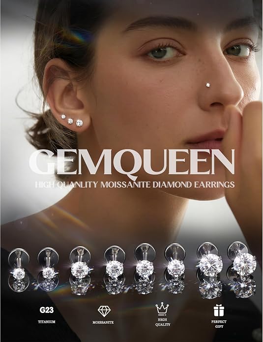 GEMQUEEN 8 PCS Moissanite ＆ Implant Grade G23 Titanium Nose Studs Flat Back Earrings Hypoallergenic : 14K Gold Plated Nose Rings 20G Push in Threadless Cartilage Helix Piercing Jewelry for Women Men