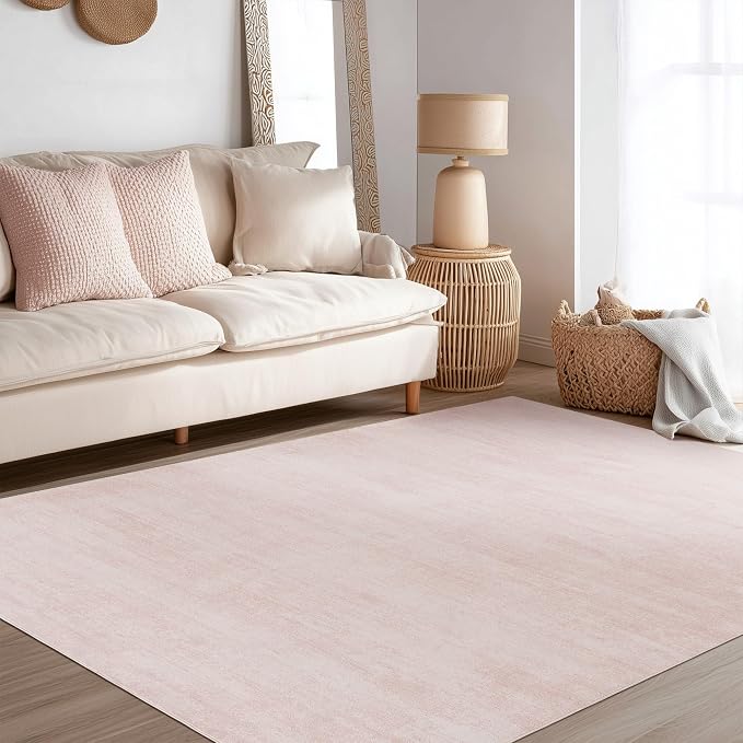 BILEEHOME Abstract Pink and White Rug 5x8 Soft Washable Rugs for Kids Room | Light Blush Low Pile Carpet, for Nursery Living Room Bedroom, Modern Aesthetic Boho, Non Slip Foldable Rubber Backed, 5 x 8