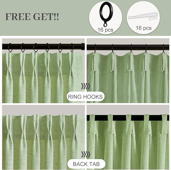 Sage Green Pinch Pleated Curtains 96 Inches Long for Living Room, Semi Sheer Privacy Linen Curtain Memory Trained Modern Back Tab Drapes with Rings for Farmhouse Dining Room, 2 Panels, W40xL96