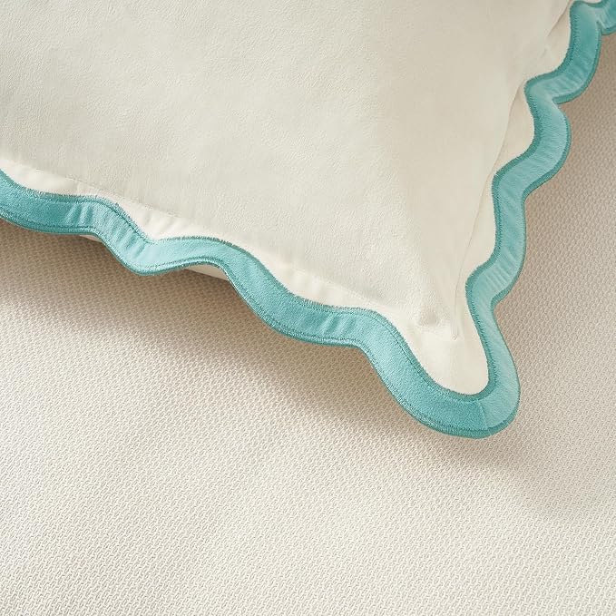 MONDAY MOOSE Decorative Throw Pillow Covers Cushion Cases, Set of 2 Soft Velvet Scalloped Wavy Edge Designs, Mix and Match for Home Decor, Pillow Inserts Not Included (20x20 inch, White/Light Blue)