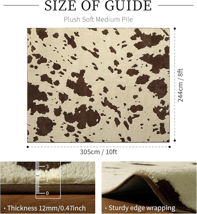 YIHOUSE Cowhide Large Area Rugs 8×10 Ft, Washable Plush Soft Brown and Cream Cow Rug, Non-Slip High-Low Pile Animal Carpet for Living Room, Bedroom, Dining Room, Western Home Decor