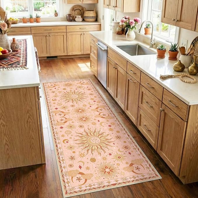 Vacuum-Friendly, 2x6 Washable Area Rug, Pink Gold Beige Red | Sun and Moon Boho Gothic Non-Slip Low Pile Living Roon Bedroom Dining Room Kitchen Entry Entryway Entrance Hallway Doormat