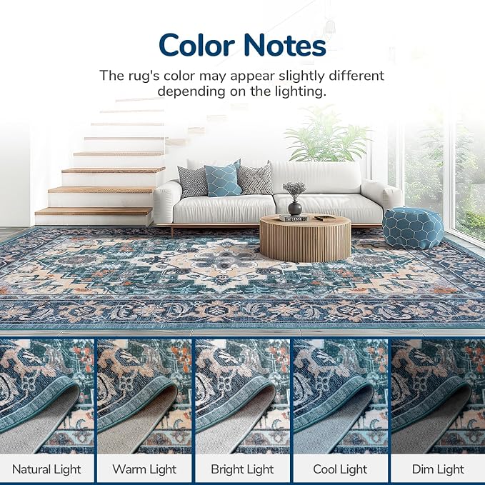 Lessymo 9 x 12 Area Rugs for Living Room, Machine Washable Area Rugs Boho Faux Wool Low Pile Area Rug for Bedroom, Floral Medallion Vintage Rugs with Non-Slip Rubber, Kid & Pet Friendly, Dark Green
