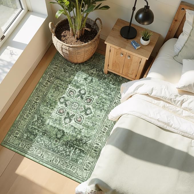Sage Green Vintage 3x5 Entryway Rug - Farmhouse Boho Eclectic Floral Pastel Moss Green Carpet, Washable Low Pile Non-Slip Area Rugs for Door Mat, Indoor Entrance, Kitchen, Laundry, Beside Bed