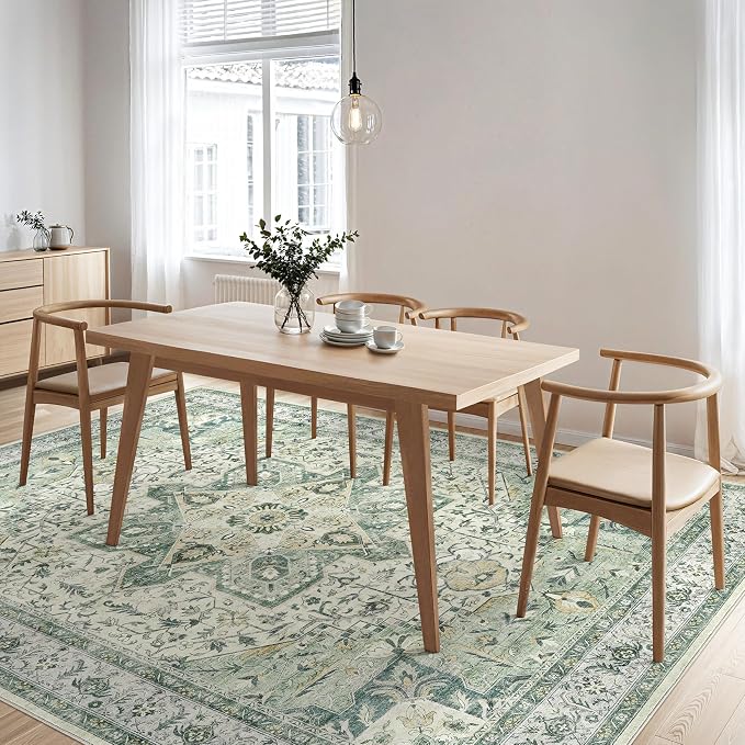 Tortania Area Rug Living Room Rugs - 9x12 Washable Boho Rug Vintage Oriental Distressed Farmhouse Large Thin Indoor Carpet for Living Room Bedroom Under Dining Table Home Office - Green