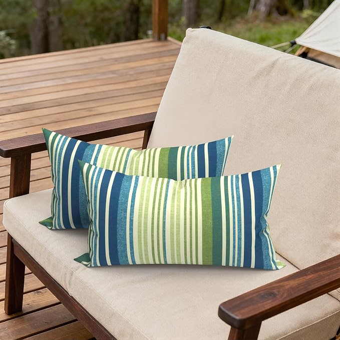 Outdoor Lumbar Pillows, Water Repellent Cushion Pillows 12x20 Inch, Outdoor Pillows with Inserts for Home Garden, Pack of 2, Stripe Blue Green
