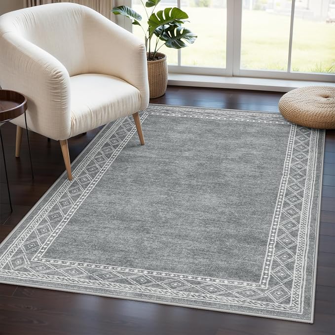 Lahome Modern Bordered Machine Washable Rug, Ultra-Thin 3x5 Rugs for Entryway Bedroom, Non-Slip Stain Resistant Small Carpet for Laundry Entrance (3'x5',Grey)