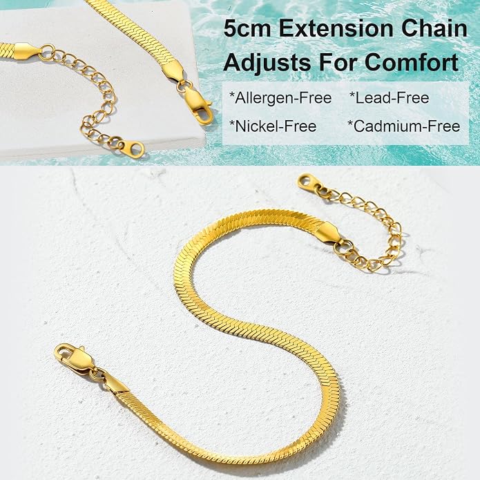 GoldChic Adjustbale Link Chain Anklet for Women Summer Jewelry, 316L Stainless Steel Figaro/Wheat/Twist Rope/Cuban Foot Bracelet-Waterproof, Resizable 9"-12" (Gift Box Included)