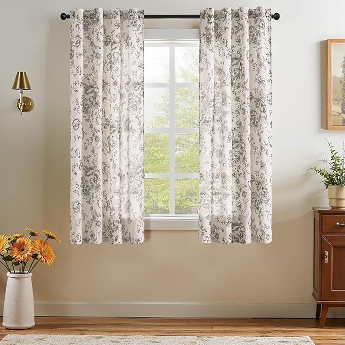 jinchan Black Floral Linen Curtains 63 Inch Farmhouse Back Tab 2 Panels | Light filtering drapes, semi sheer, farmhouse, cottagecore, rustic, living room, bedroom, rod pocket, window treatment