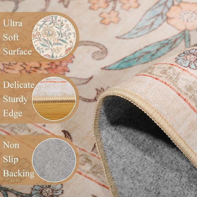 DUKINO 5x7 Area Rugs, Vintage Floral Washable Rug for Living Room, Beige | Non Slip, Low Pile, Non-Shedding, Stain Resistant Lightweight Boho Soft Carpet for Bedroom Home Office Dining Room Farmhouse