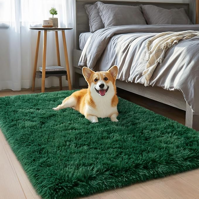 qulint Dark Green Rug for Bedroom, 2x3 Fluffy Area Rug for Living Room | Shag Fuzzy Small Carpet for Kid Room, Plush Shaggy Modern Rug for Boys and Girls Dorm Classroom Christmas Home Decor