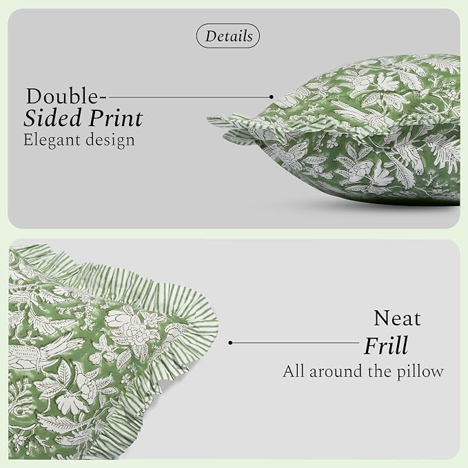 CPC Olive Green Ruffle Throw Pillow Covers for Couch, 24x24 Inch Cotton Stripe Ruffle Couch Pillows for Living Room, Hidden 20 Inch Zipper Boho Pillow Case or Cute Outdoor Pillows