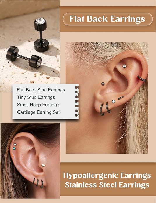 LOLIAS 21Pairs Surgical Steel Flat Back Earrings Hypoallergenic 20G Screw Back Nap Stack Cartilage Earring Stacks